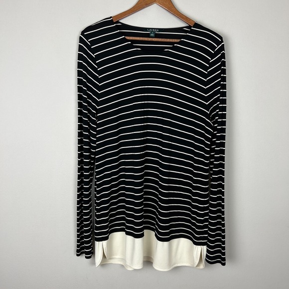 Lauren Ralph Lauren Tops - Lauren Ralph‎ Lauren Tunic Top Womens XL Black Cream Twofer Stripe Long Sleeve